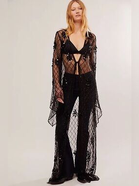 Free People Boho Sheer Sequin Duster Kimono Tie Front | Function & Fringe Edit